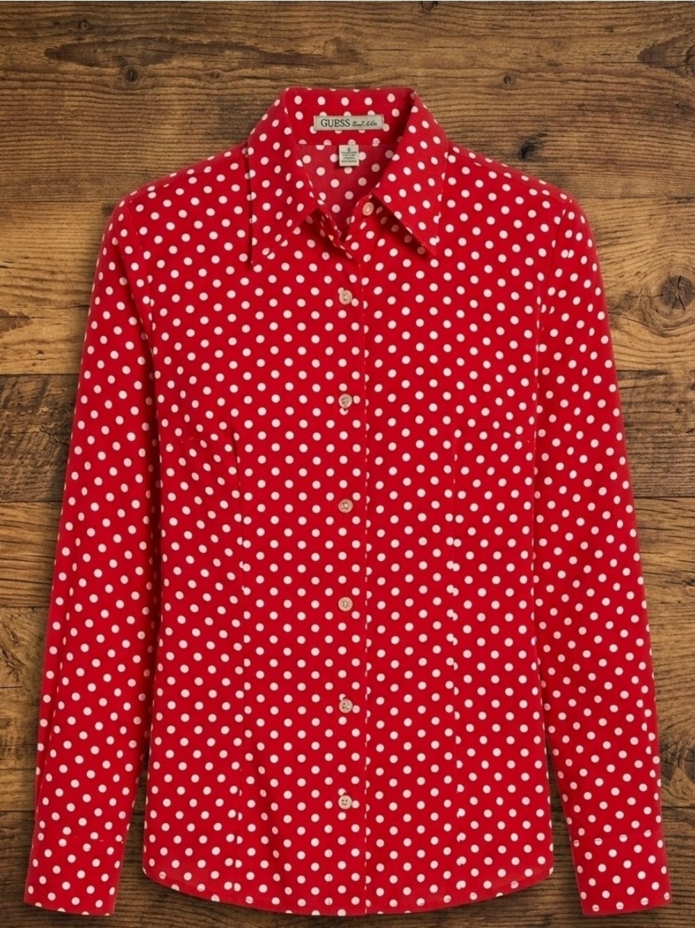 Guess Jeans Womens Red White Polka Dot Collared Button-Up Long Sleeve Top-S